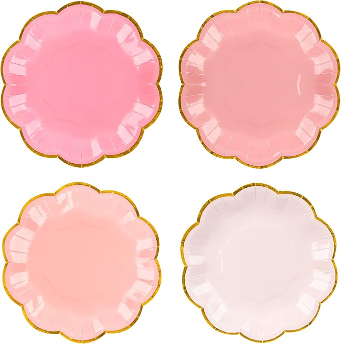 Pink Party Plates Gradient Pink Dessert Paper Plates 7inch Gold Foil Scalloped by AimFun