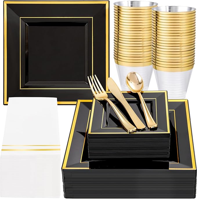 Festiva 350Pcs Black and Gold Plastic Plates-50Guests Disposable Square Black by Festiva