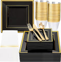 Festiva 350Pcs Black and Gold Plastic Plates-50Guests Disposable Square Black by Festiva