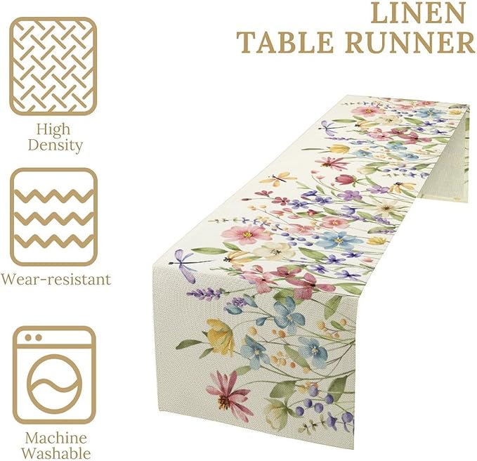 Watercolor Floral Table Runner, Colorful Spring Summer Nature Flower Dragonfly - Image 3