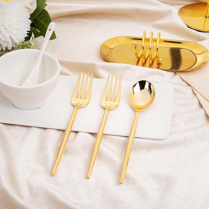 SUT 100PCS Gold Plastic Forks and Spoons Heavy Duty Set, Plastic Flatware - Image 7