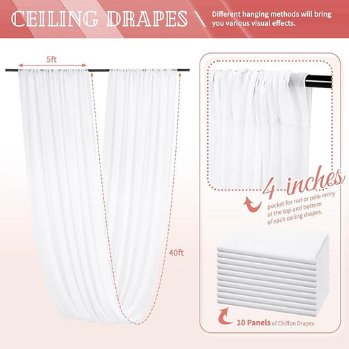 10 Panels White Ceiling Drapes for Wedding 5ftx40ft Sheer Drapery Chiffon - Image 2