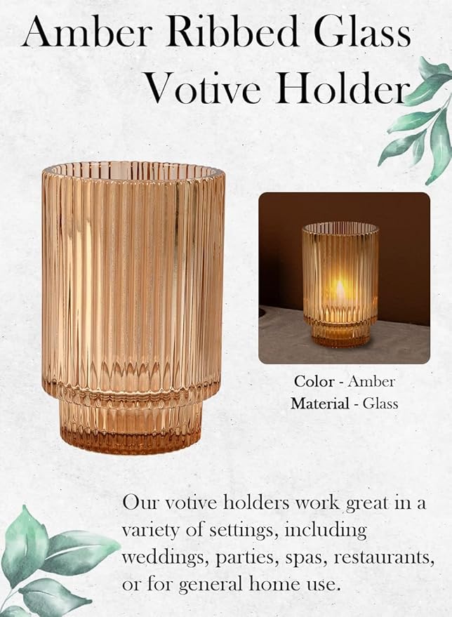 Serene Spaces Living Amber Ribbed Glass Votive Holder, Decorative Centerpiece - Image 7
