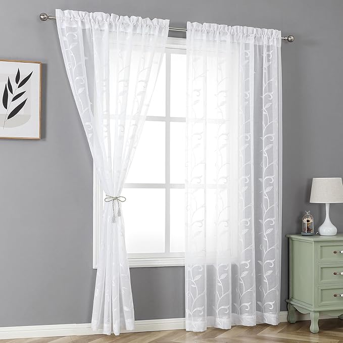 VISIONTEX White Sheer Voile Curtains, Decorative White Embroidery Faux Linen - Image 2