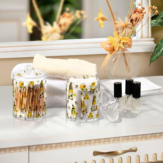 Qtip Holder Dispenser 2 Pack Gnome Bees Flying Dwarf Daisy Apothecary Jars - Image 7