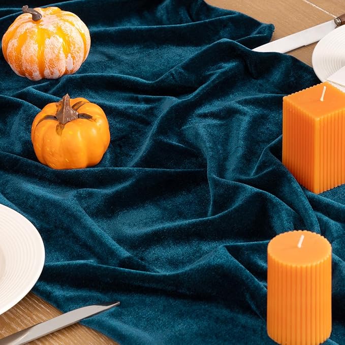 Peacock Green Velvet Table Runner Fall Thanksgiving Turquoise Table Runner 20 x - Image 3