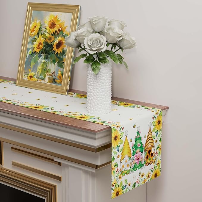 XCHI Yellow White Daisies Flowers Gnomes Spring Table Runner Burlap Table - Image 2