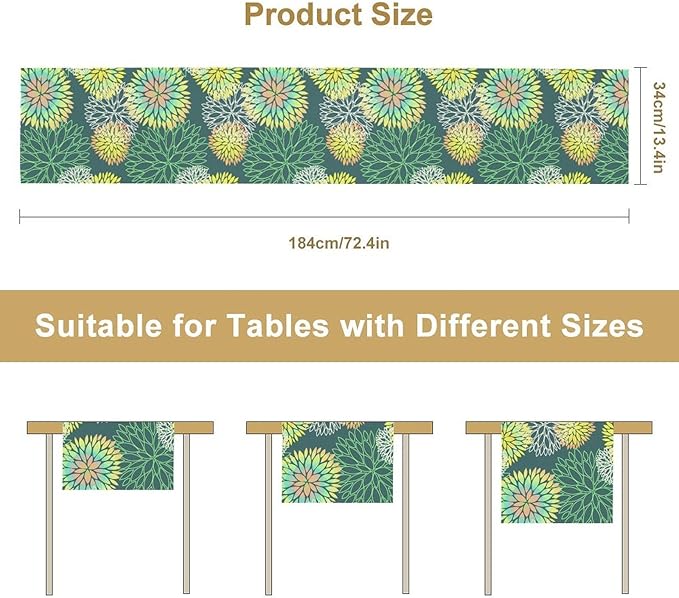 Green Dahlia Flower Table Runner, Linen Geometric Pattern Floral Table Decor - Image 3