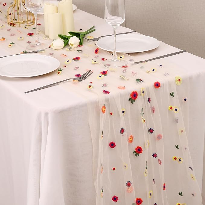6PCS Champagne Floral Table Runner 10 FT, Embroidery Daisy Table Runners - Image 5