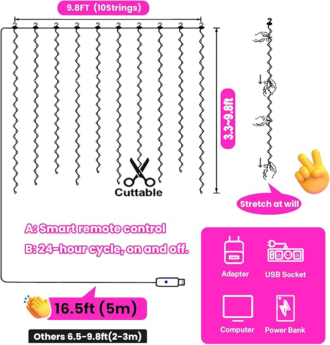 HXWEIYE 300LED Fairy Curtain Lights, 9.8x9.8Ft USB Plug-in 8 Modes Christmas - Image 5