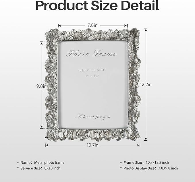 Cuspin 8x10 Picture Frame Silver, Vintage Silver Palm Leaves Textured - Image 6