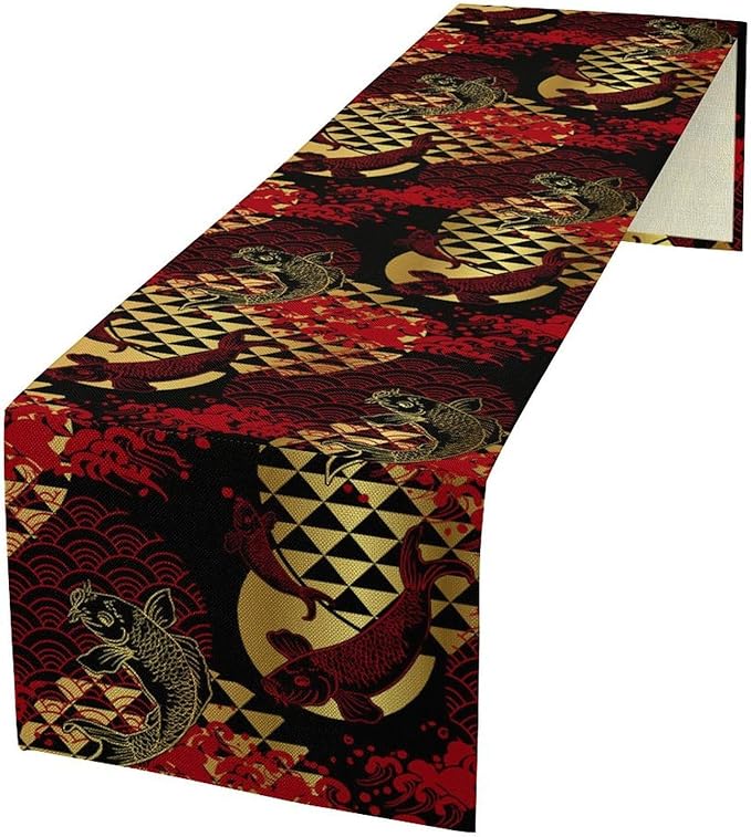 Japanese Table Runner Oriental Tradition Kio Fish Red Art Printed Burlap Runner by YSWOW