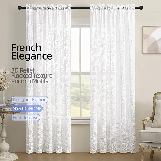 Sheer White Curtains for Bedroom Living Room Boho 63 Inches Rod Pocket - Image 8