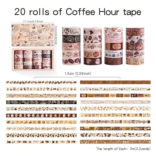 20 Rolls Coffee Theme Washi Tape Set, Writable Decorative Tapes - Image 2