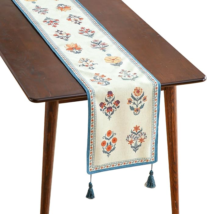 ISAENNE Designer Light Green Linen Table Runner 71 Inches Long, French Floral by Isaennehomedecoration