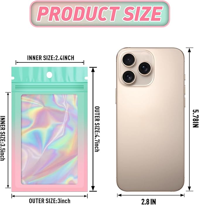 Funfery 100 Pack Gradient Holographic Bags, Mylar Resealable Bags - Image 2