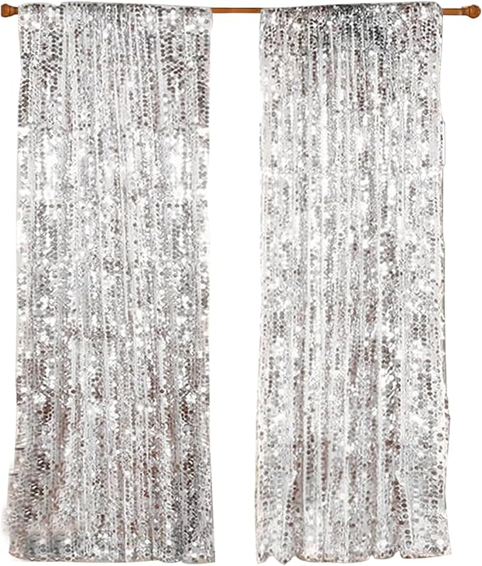 HH 9x9FT Big Silver Sequin Backdrop Curtains, Shimmer Sequin Fabric Photography - Image 2