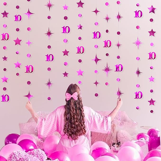 Hot Pink 10th Birthday Decorations Number 10 Circle Dot Twinkle Star Garland - Image 5