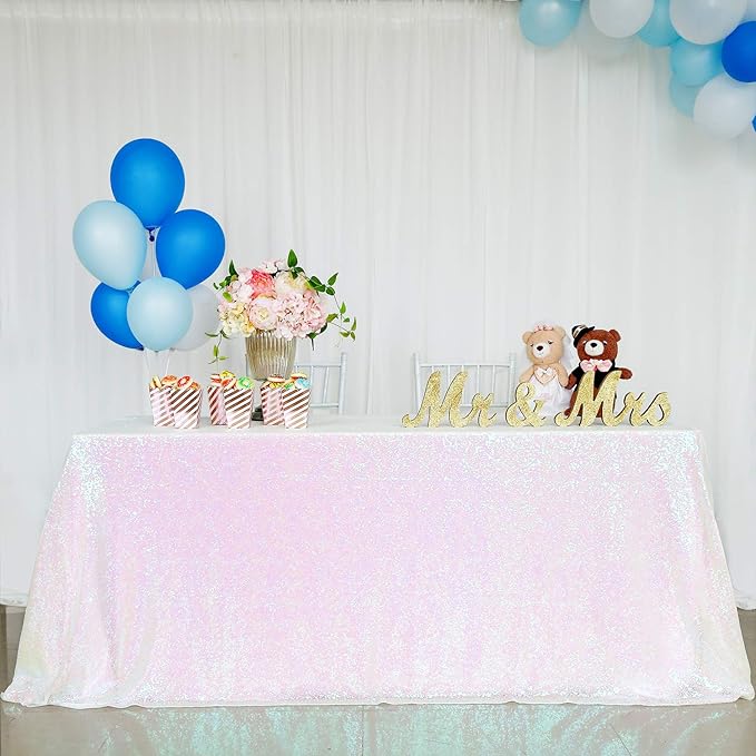 QueenDream Tablecloth 90x156 Rectangle Sequin Tablecloth White Iridescent - Image 4