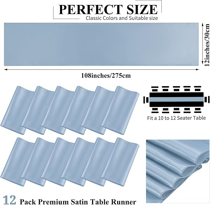 12 Pack Dusty Blue Satin Table Runner, 12 x 108 inch Long Premium Smooth Table - Image 2
