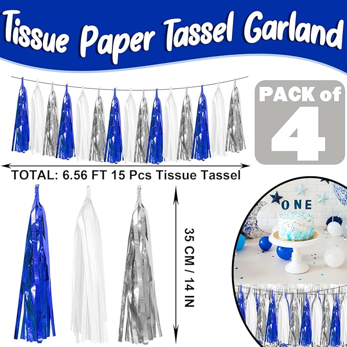 4P Navy-Blue White-Silver Foil Fringe Metallic Tassel Garland Banner, Tassels - Image 2