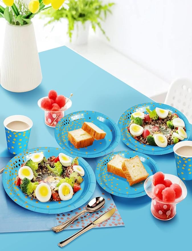 141 Pieces Sky Blue Gold Party Supplies, Party Dinnerware Sets Include Paper - Image 5
