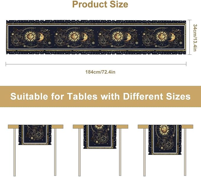 Sun Moon Table Runner, Seasonal Golden Sun Moon Holiday Kitchen Dining Table - Image 3