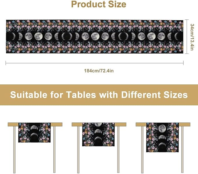 Boho Floral Moon Table Runner, Spring Flower Leaves Mystical Gothic Sun Moon - Image 3