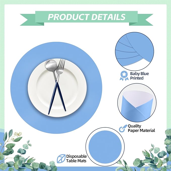 50 Pieces Baby Blue Paper Place Mats Round Disposable Table Mats Blue Paper - Image 4