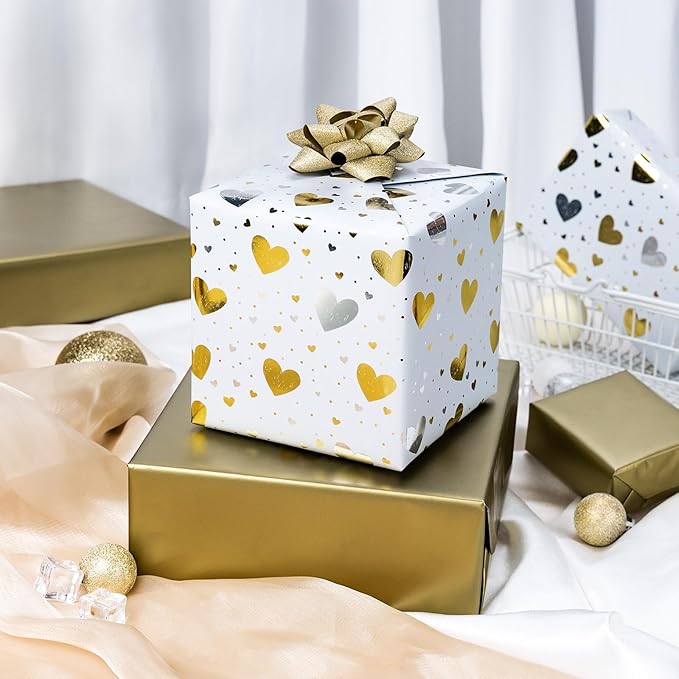 Burymento Gold Foil Heart Wrapping Paper, Reversible Gold Gift Wrap - Image 4