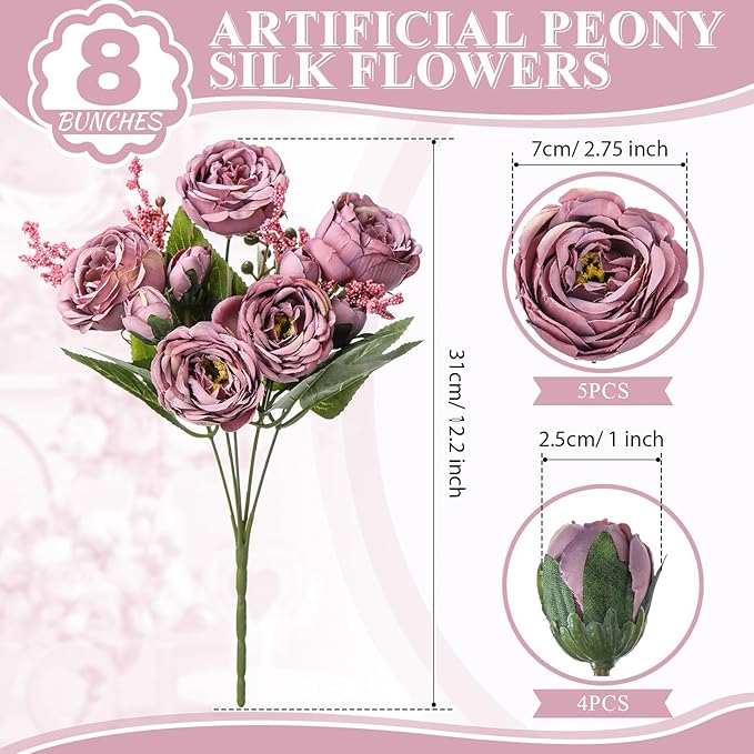 8 Bundles Artificial Peonies Flowers Boho Faux Flowers Arrangements Artificial - Image 2