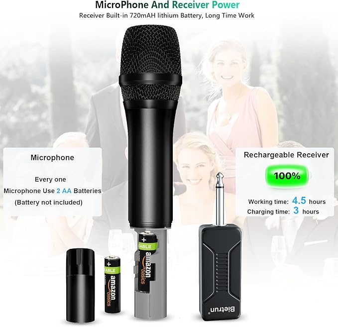 Wireless Microphone, Bietrun UHF Metal Dual Handheld Cordless Dynamic Mic System - Image 5