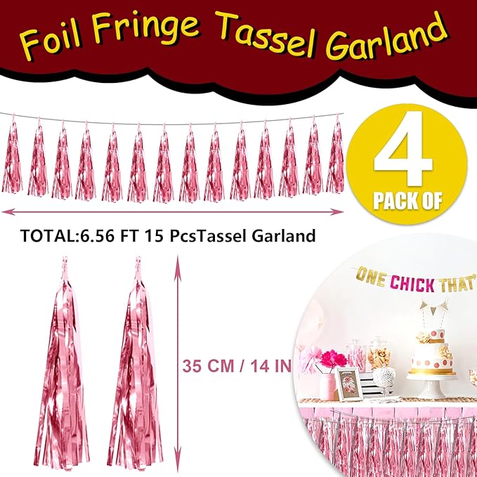 4P Pink Foil Fringe Tassel Banner Garland Metallic Tinsel Streamers Wall - Image 2