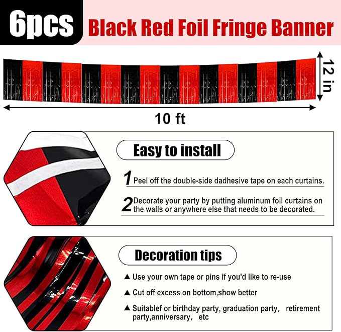 6 Pack 10 Feet Black Red Foil Fringe Garland Metallic Tinsel Streamers Banner - Image 2