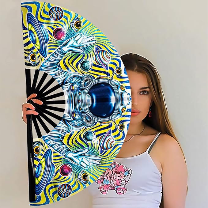 13" Large Rave Fan Bamboo, Folding Clack Hand Fans Foldable - Image 6