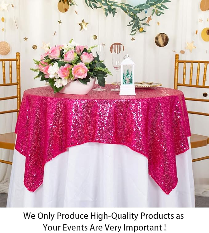 ShinyBeauty Sequin Table Overlay Hot Pink 36''x36'' Small Sequin Tablecloth - Image 2