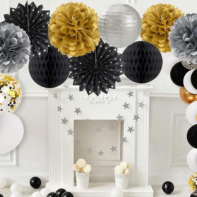Black Gold Silver Party-Decorations Streamers-Lanterns - Image 7