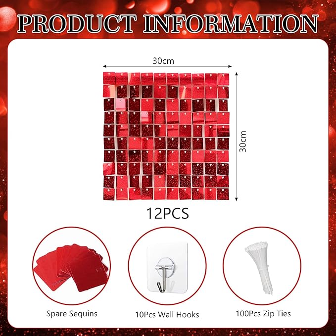 12PCS Red Shimmer Wall Backdrop, Laser Square Sequin Photo Backdrops Panel - Image 2