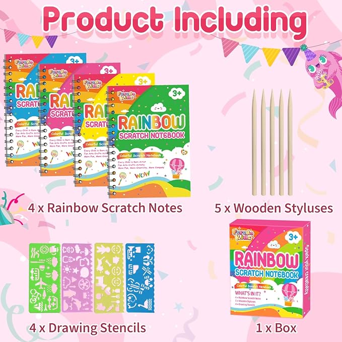 Party Favors for Kids: 4 Pack Rainbow Scratch Art Notebook Students Classroom - Image 3