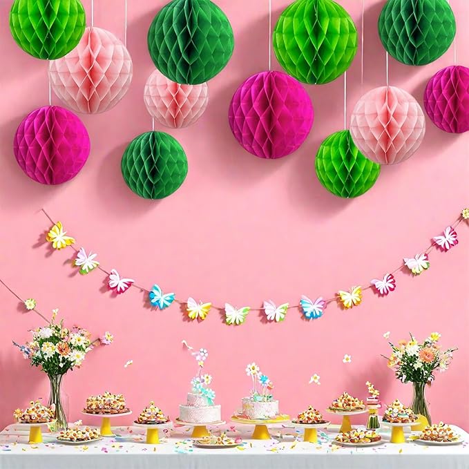 CC wonderland zone 12pcs Hot Pink and Green Paper Honeycomb Balls - Image 2