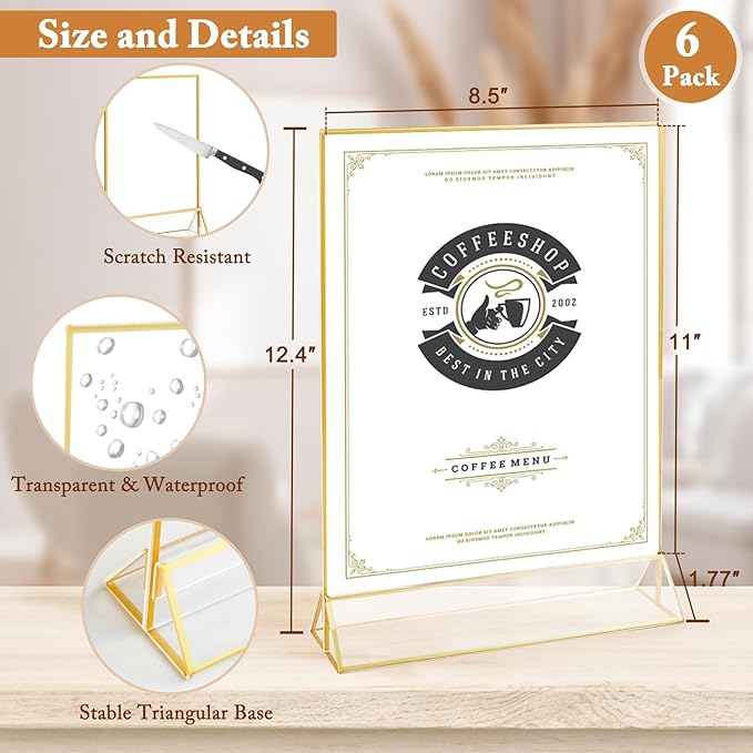 Floroom 6 Pack 8.5x11 Inch Clear Acrylic Sign Holders, Double-Sided Gold - Image 2