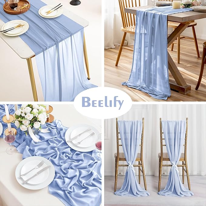2 Pack 10 Ft Chiffon Table Runner Light Blue Gauze Long Table Runners 27x120 - Image 3