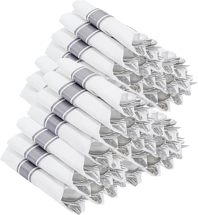 400PCS Pre Rolled Silver Plastic Silverware Sets by Joyido