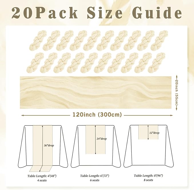 10FT 20 Pack Beige Cheesecloth Table Runner 20 x 120 Inch Long Rustic Gauze - Image 2