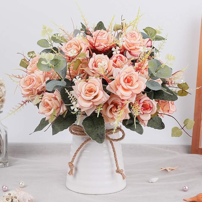 LESING Artificial Rose with Vase, Fake Silk Flowers Bouquets in Vase Table - Image 2
