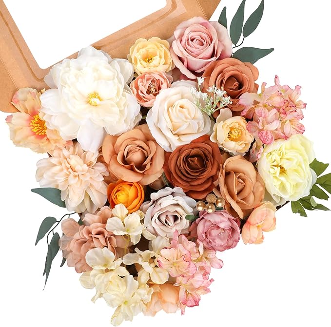 AmyHomie Champagne Artificial Flowers Combo Silk Mix Peony Rose Hydrangea Fake by AmyHomie