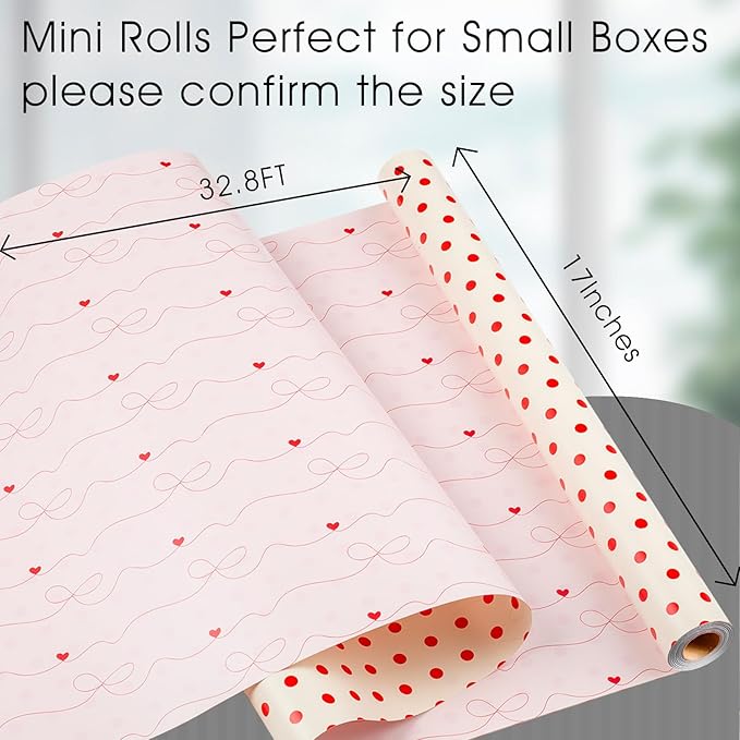 Flyhill Polka Dot Wrapping Paper, Reversible Pink Beige Elegant Heart & Bow - Image 3