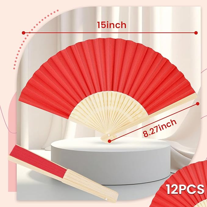 JOHOUSE 12 Pcs Paper Folding Hand Fans, 8.3 Inch Red Fans Handheld Decorative - Image 2