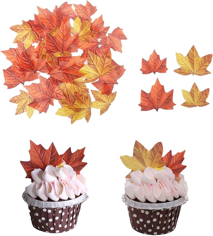 GEORLD Edible Fall Leaves Set of 48 Cake Decorations, Autumn Cupcake Topper 2 by GEORLD