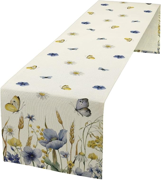Floral Table Runner, Spring Watercolor Flower Plants Nature Butterfly Table - Image 2